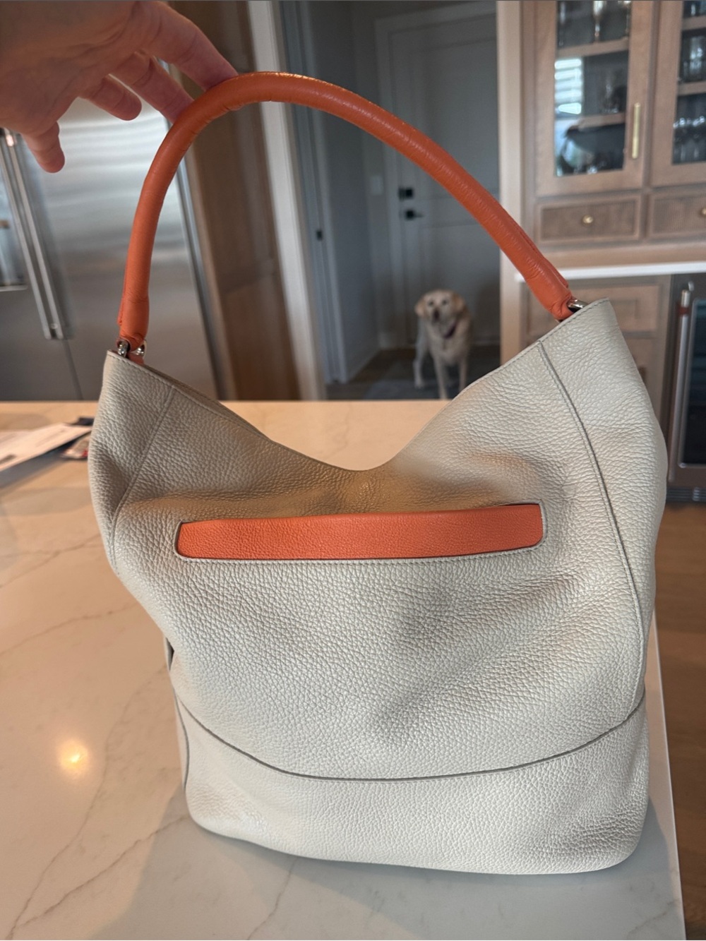Furla Cream Leather Hobo with Orange Handle and Accents